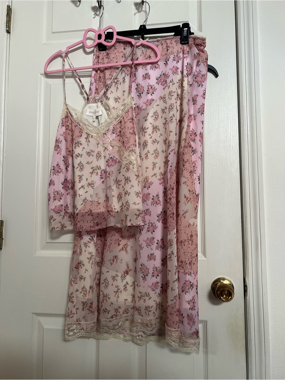 Pink Patchwork Floral Lace Trim Two-Piece Cami and Skirt Set